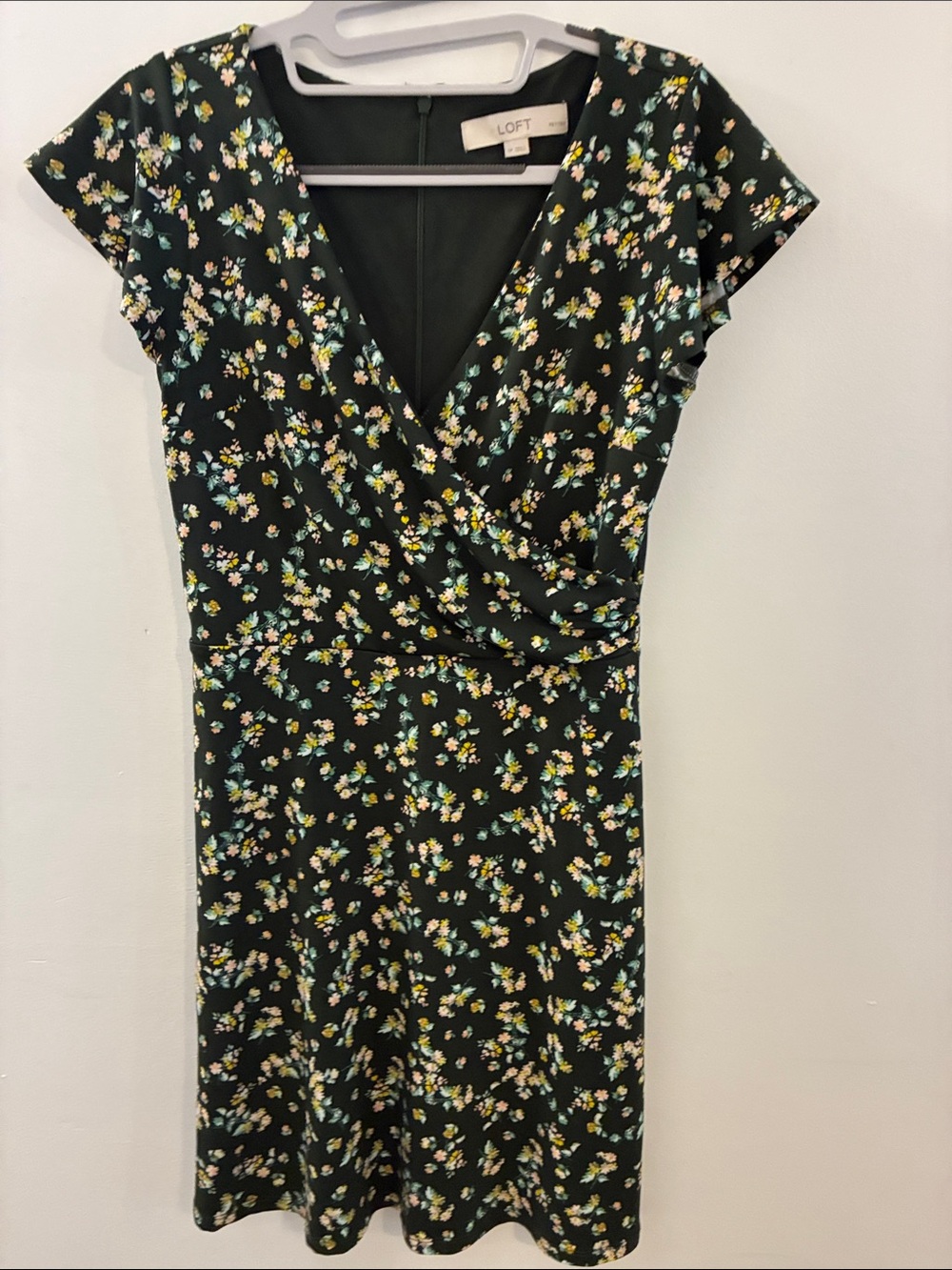Retro Green Ditzy Floral Short Sleeve Wrap Midi Swing Dress pink Blossoms Sz 0P